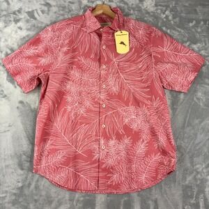 Tommy Bahama Mens Medium Hula Palm Leaf Print Short Sleeve Shirt Coral Pink  NEW